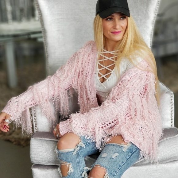Womens Pink Fringe Knit Open Fronte Cardigan Fall Trendy Fun Shabby Chic - Picture 2 of 4